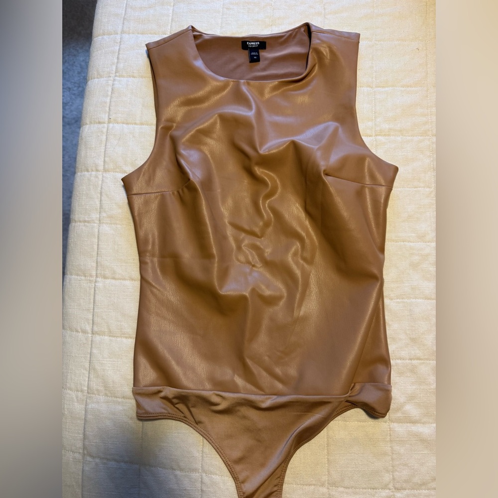Express Tan and Gray Faux Leather Top